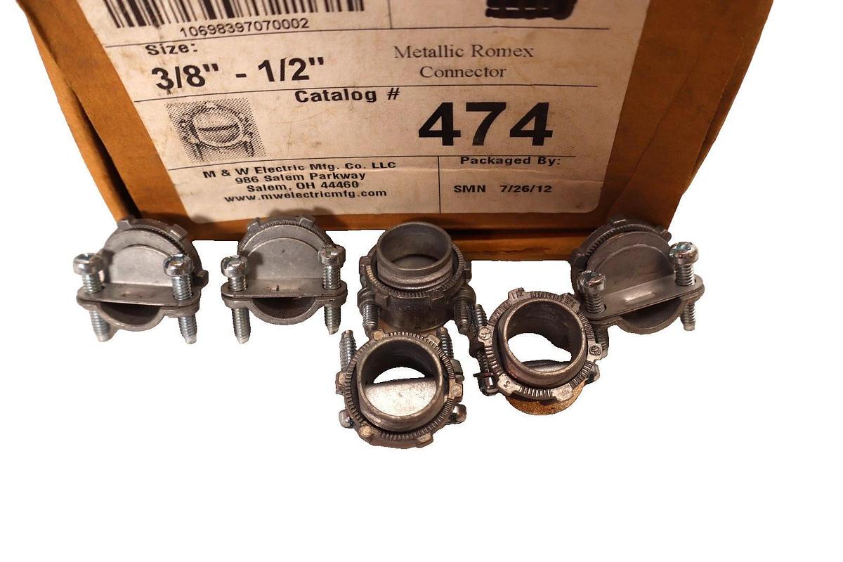 M&W Electric Mfg. 474 , 3/8"-1/2" Metallic Romex Connector (New - Box of 50)