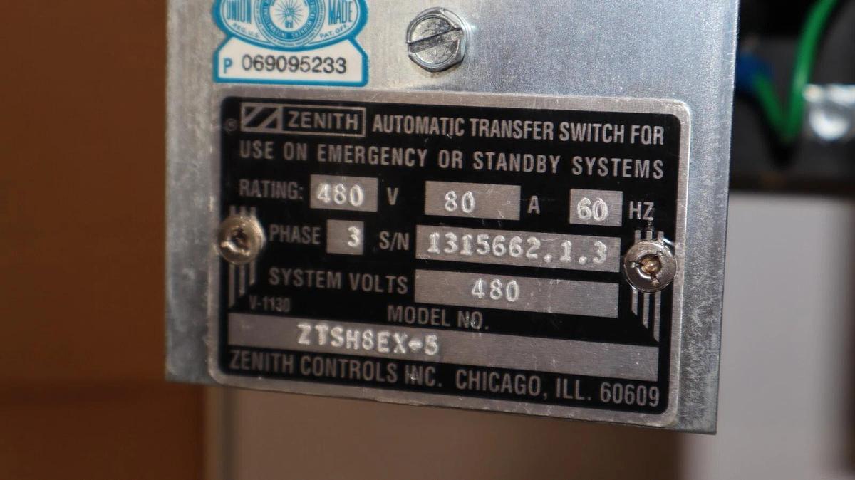 Used Zenith Automatic Transfer Switch ZTSH8EX-5 ZTSH8EX5  80a 80 Amp 480v 3ph K2119
