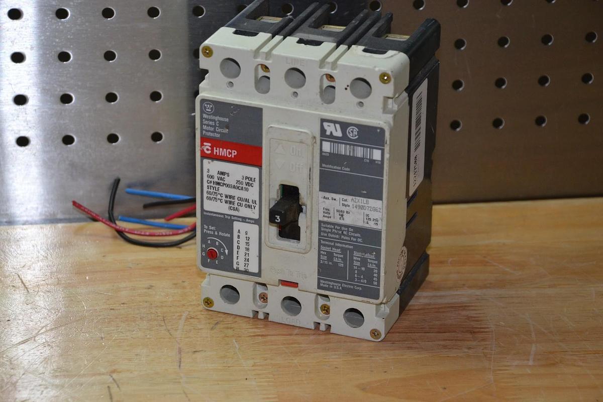 Used Westinghouse 3A Breaker  HMCP HMCP003A0CA10  3 Pole 600V Aux Sw. A2x1lb