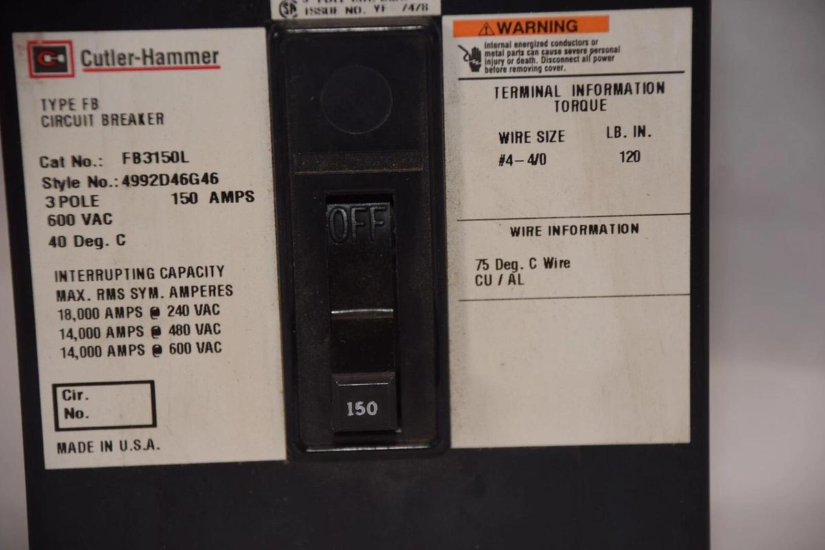 CUTLER HAMMER Circuit Breaker FB3150L 4992D46G46 3Pole 150A 150 Amp 600V 3p NEW