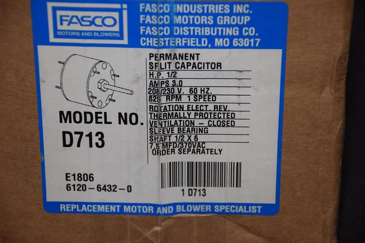 FASCO 1 Single Speed Condenser Motor D713 1/2hp 3.0A 208/230v 60hz 825rpm NEW