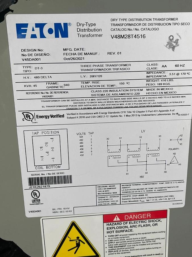 Eaton V48M28T4516 Dry DT-3 Transformer 45 kVA 45kva 408-208/120v 3ph NEW
