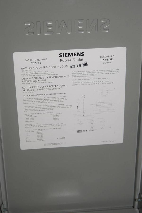 SIEMENS P577TS 60A 60 Amp A 3W 120/240V Single Phase Power Outlet Panel (NEW)