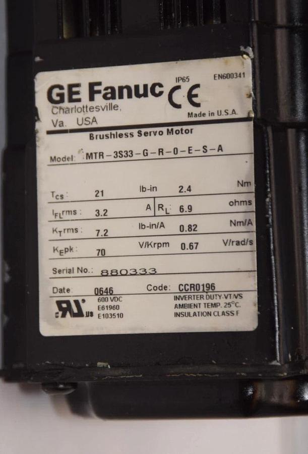 Used GE FANUC MTR-3S33-G-R-0-E-S-A 1/2" Shaft Brushless Servo Motor