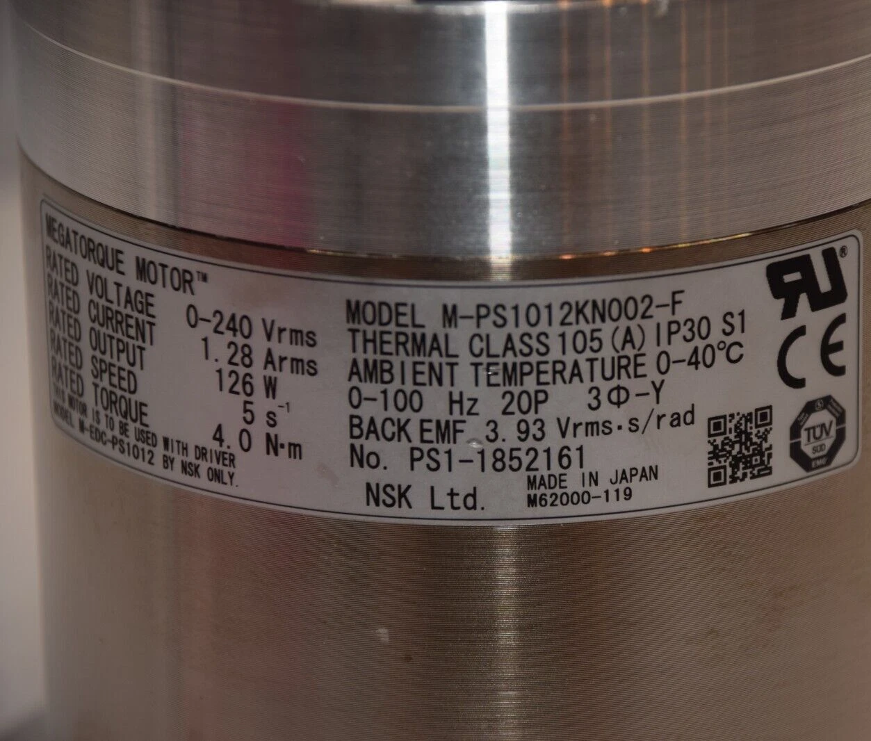 Used NSK Megatorque Motor M-PS1012KN002-F MPS1012KN002F 0-240v PS1-1852161 4Nm 126w