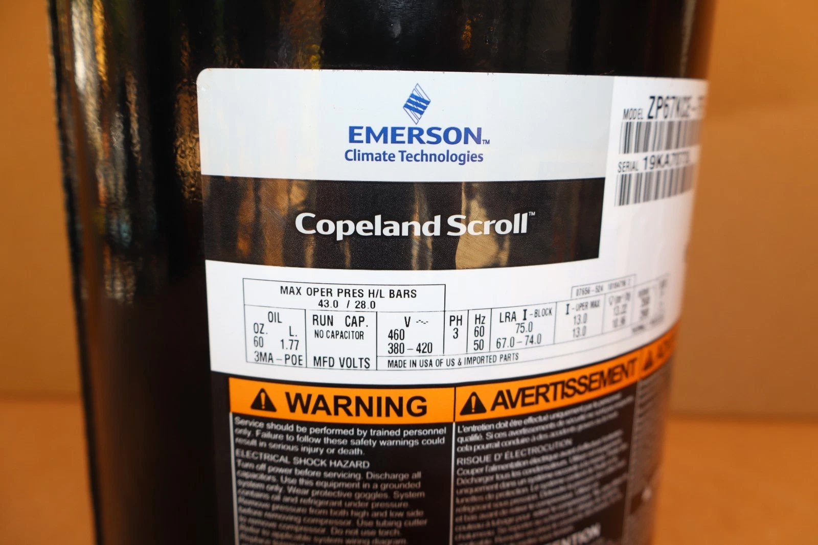 Copeland Emerson Scroll Compressor ZP67KCE-TFD-950 410a ZP67KCETFD950 460v (NEW)