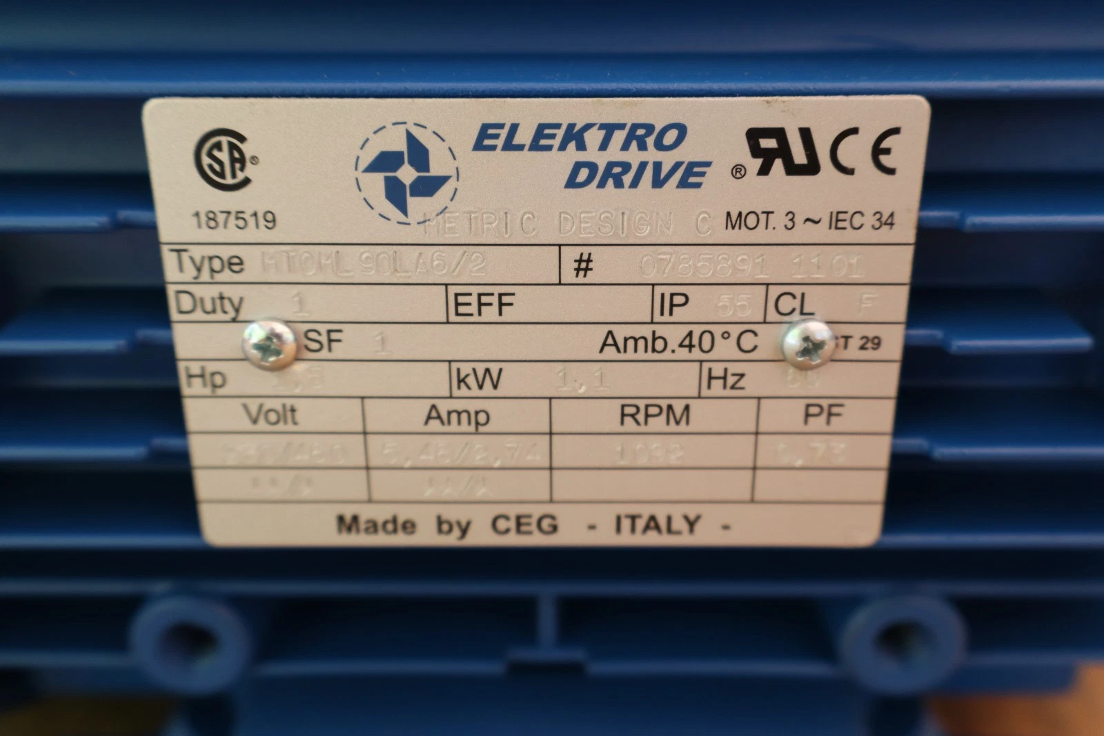 Elektro Drive Motor MT0ML90LA6/2 MT090OML08799S 6P 1.1kW 1.5hp 230/460v (New)