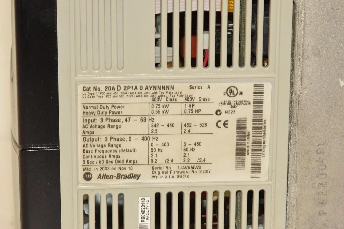 Used ALLEN BRADLEY 20AD2P1A0AYNNNNN Series A 0.75kW 1Hp PowerFlex 70 AC Drive
