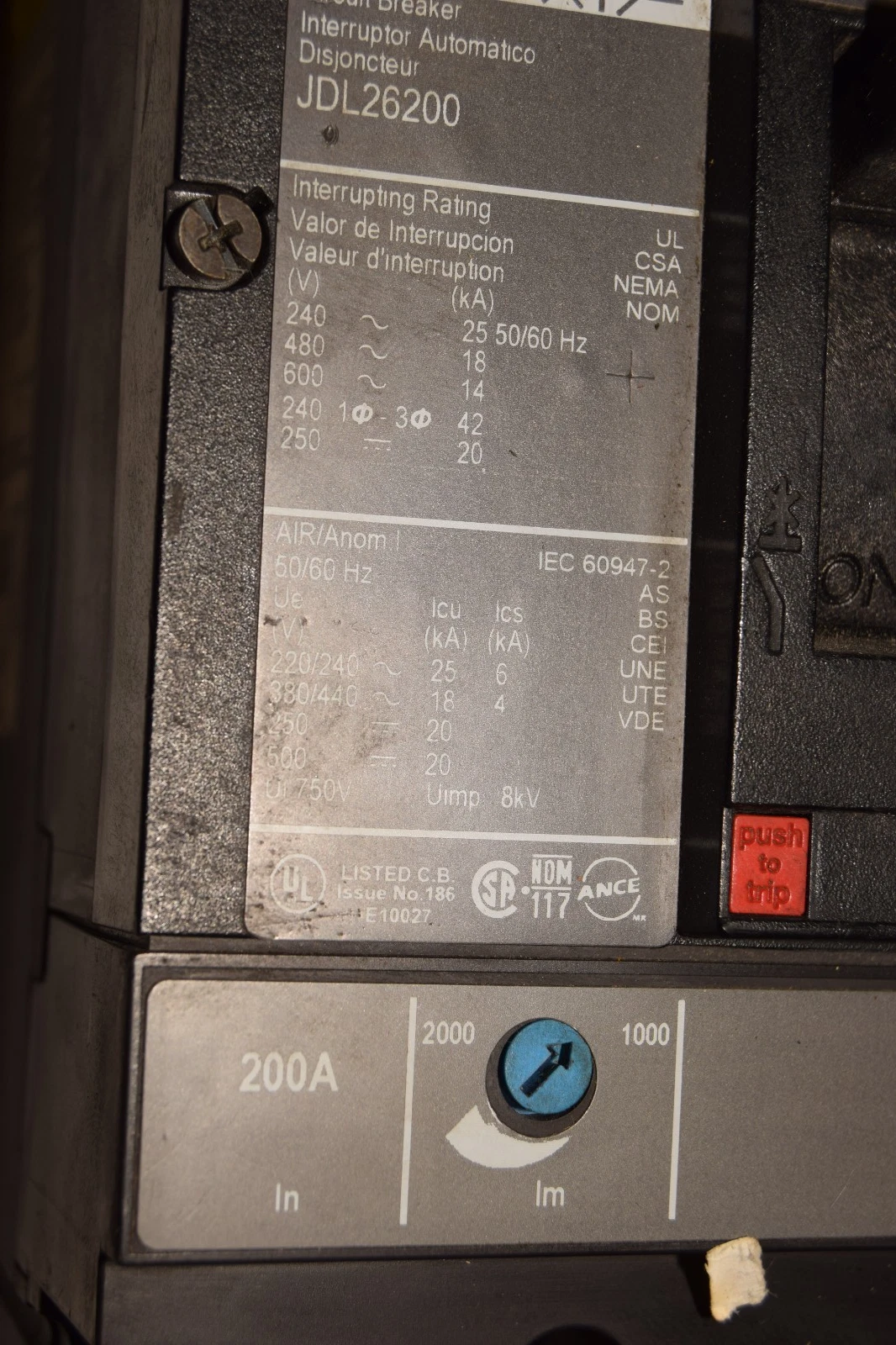 Used Square D Circuit Breaker 200A JDL26200 200 Amp JD 250 3P