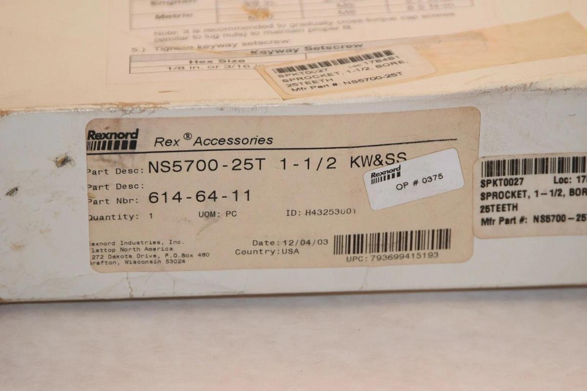 (NEW) REXNORD NS5700-25T 614-64-11 1-1/2 KW&SS 25Teeth Conveyor Sprocket