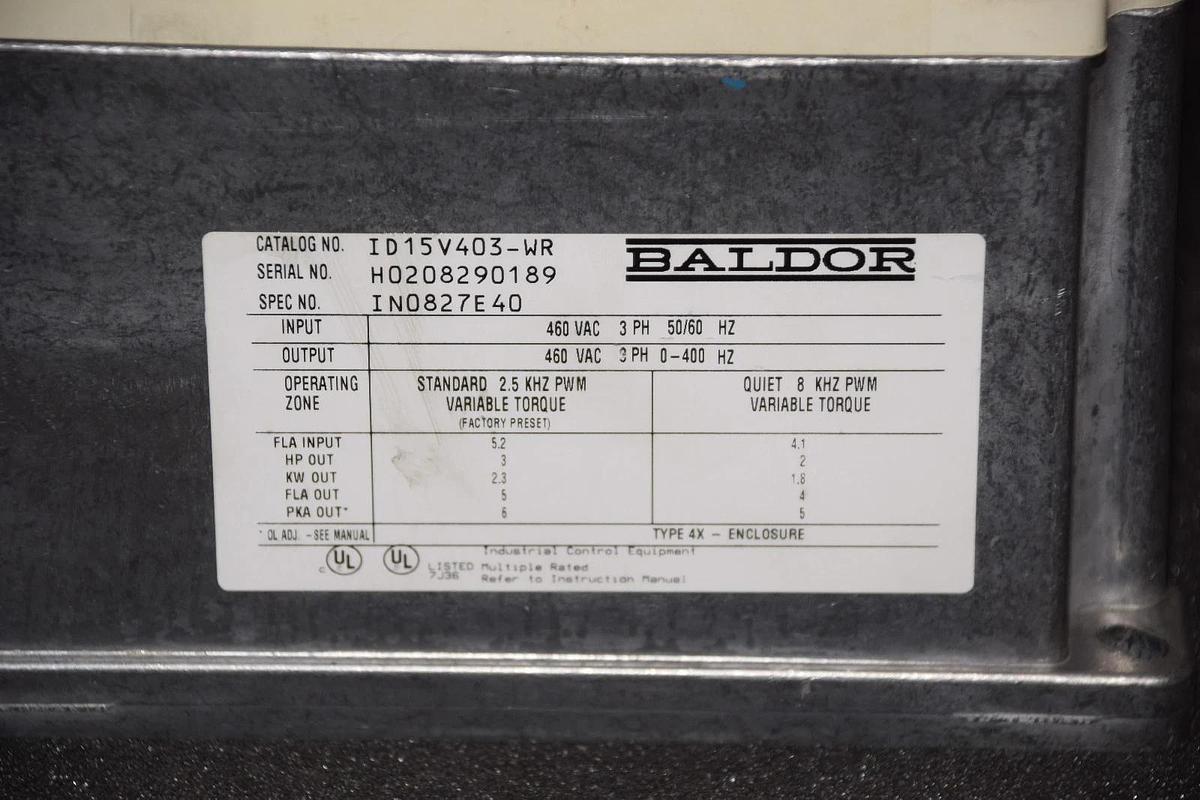 Baldor Reliance  ID15V403-WR VFD, 460V, 3PH, 3HP, AC Drive IN0827E40, Wash Down