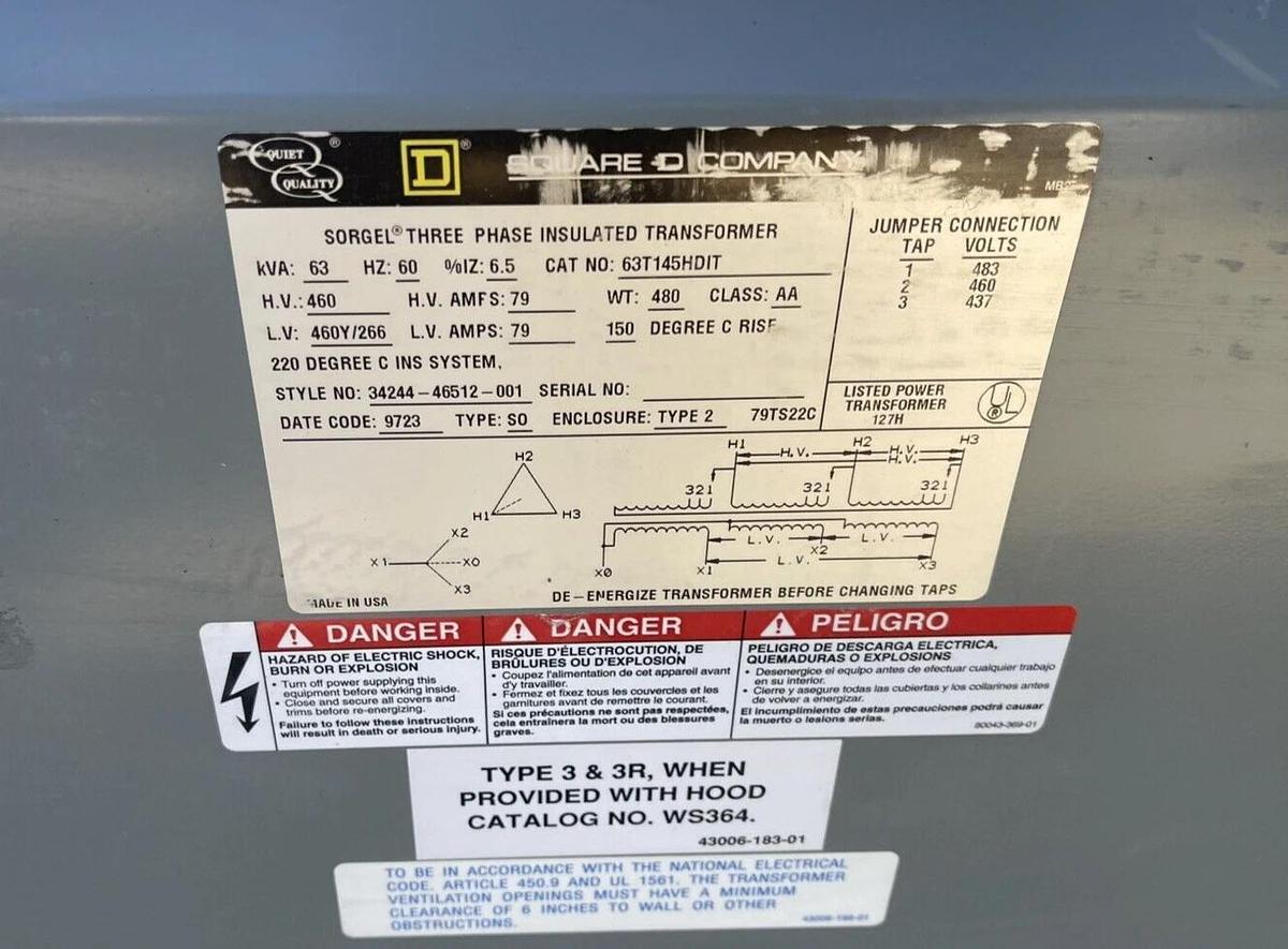 Used SQUARE D SORGEL TRANSFORMER 63KVA 63 kva 3PH 63T145HDIT HV 460 LV 460Y/266 AA