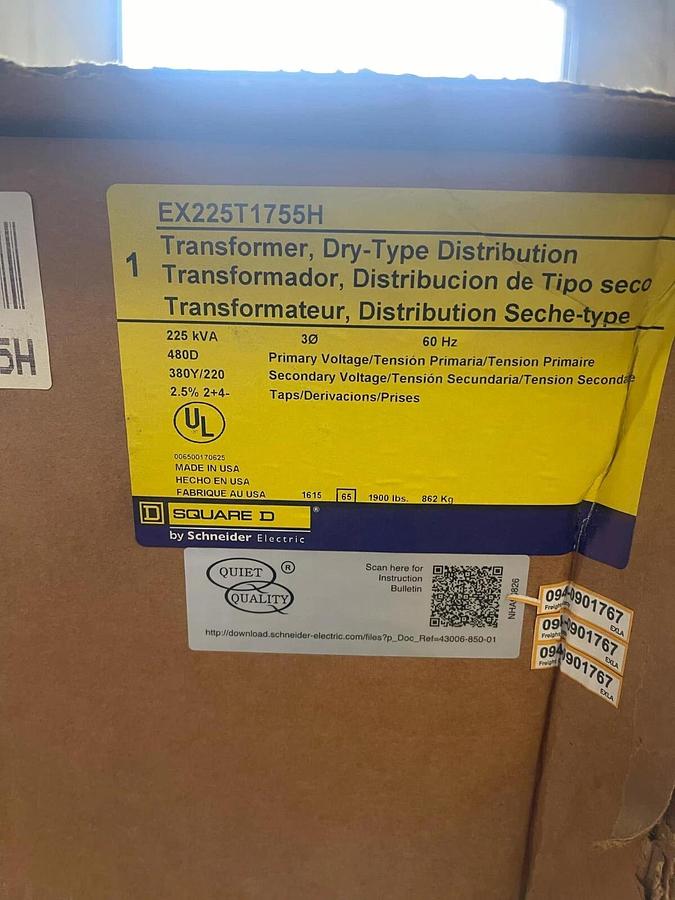 Square D Dry Type Transformer EX225T1755H 225kVA 225 kVA 3ph 480v 380y/220 (NEW)