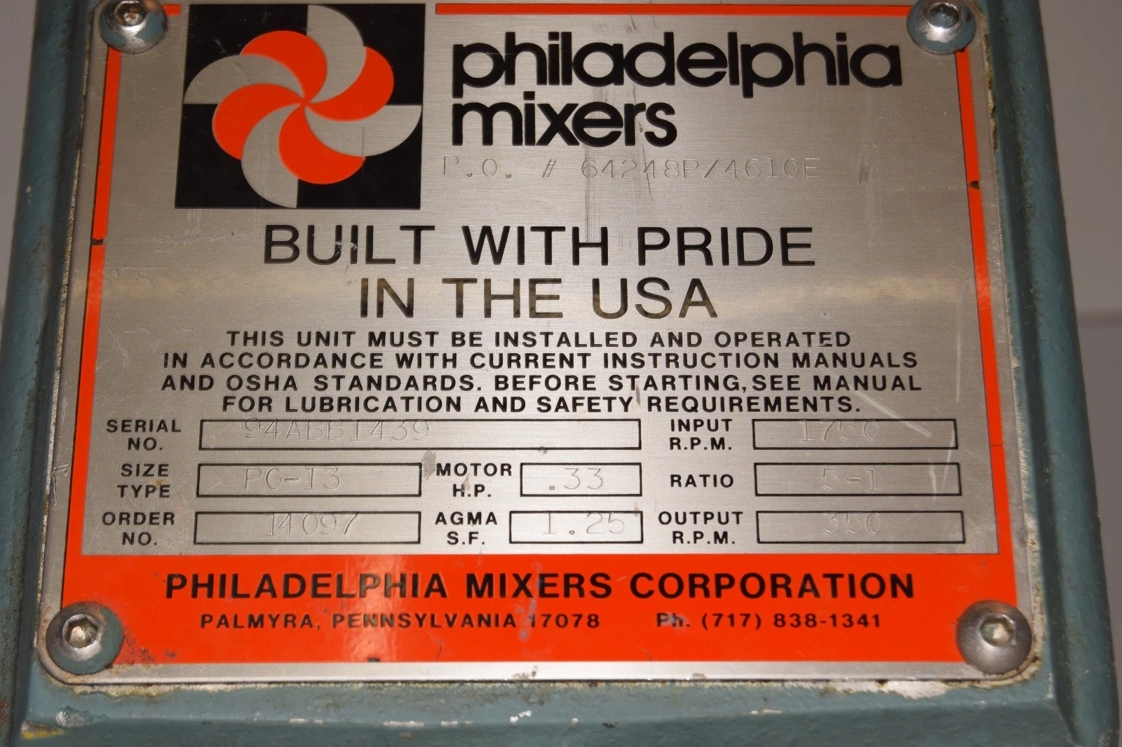 Philadelphia Portable Mixer Tank Agitator PG-13 1/3hp 350rpm 3ph Lightnin NOS