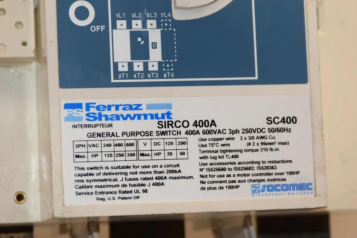 Used FERRAZ SHAWMUT SIRCO 400A SC400 600Vac 3Ph Socomec General Purpose Switch