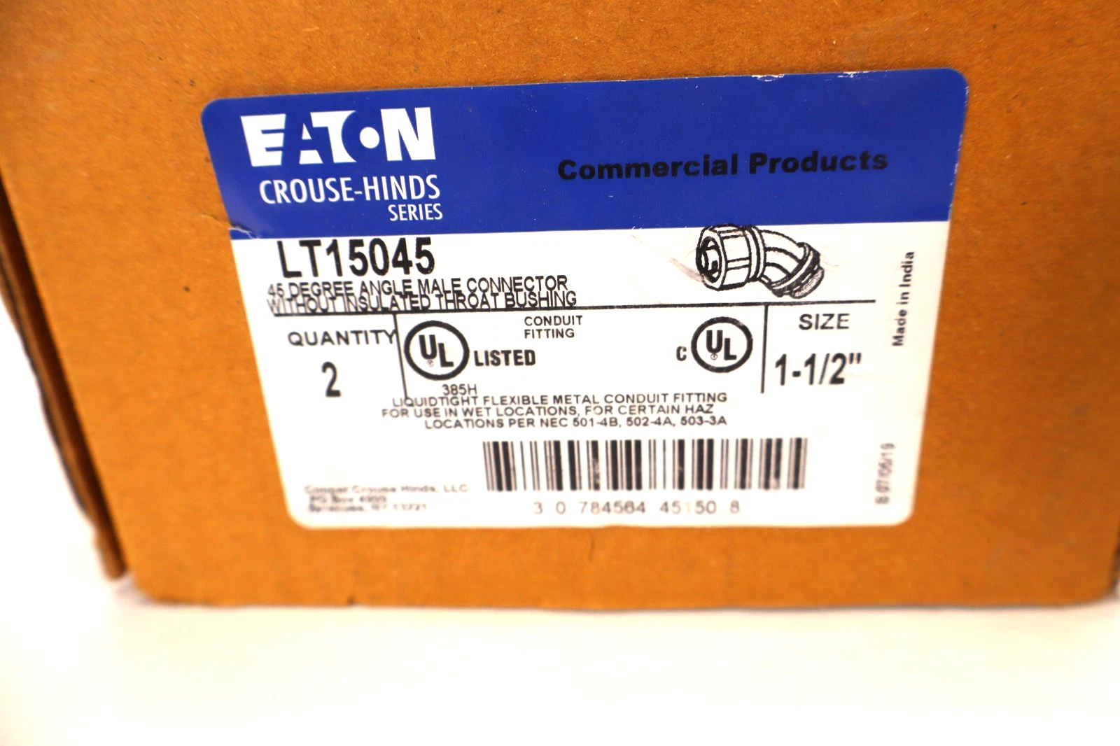 Eaton LT15045 1-1/2" 45° Angle Male Connector Conduit Fitting (New - Box of 2)
