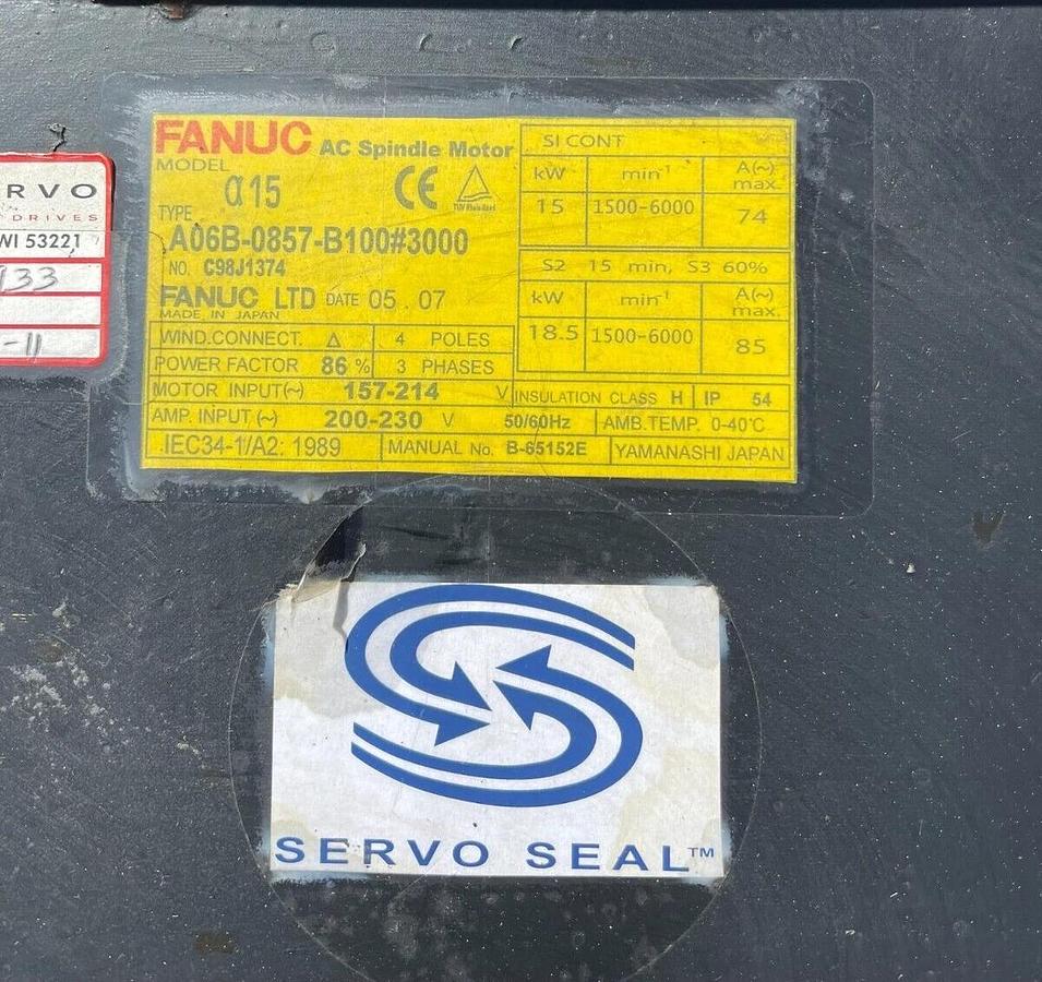 FANUC AC Spindle Motor A06B-0857-B100#3000 A06B-0857-B100 #3000 15kW 230v REFURB