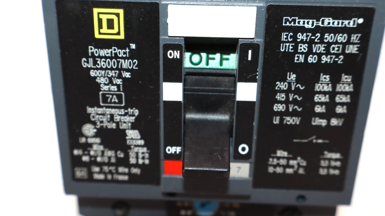 Used Square D Circuit Breaker 7A PowerPact Mag-Gard 7 Amp 3P GJL36007M02