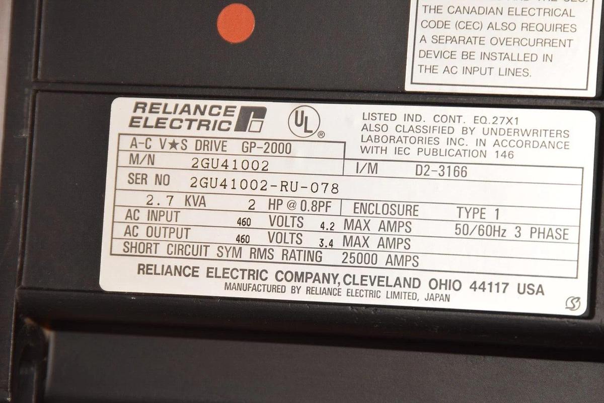 Used RELIANCE ELECTRIC AC VS Drive GP-2000 2GU41002 2hp 2 hp 2.7kva 2.7 kva 460v 3ph