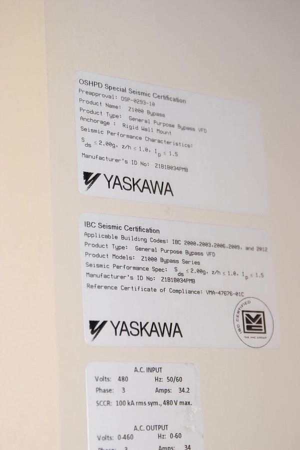 Used Yaskawa AC Drive Z1B1B034PMB Z1000 Bypass Inverter 3ph 480v 34a CIMR-ZU4A0034FAA