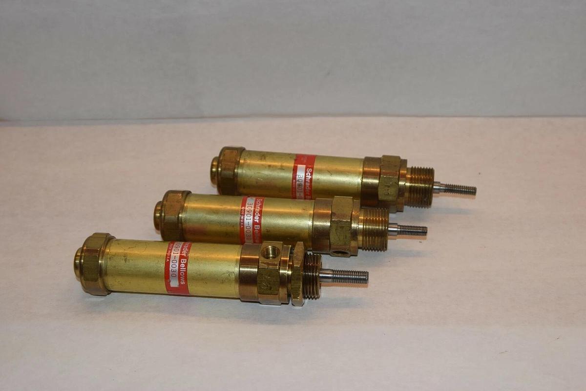 Used (3) SCHRADER BELLOWS 30901-0030 309010030 3" STROKE BRASS PNEUMATIC CYLINDER