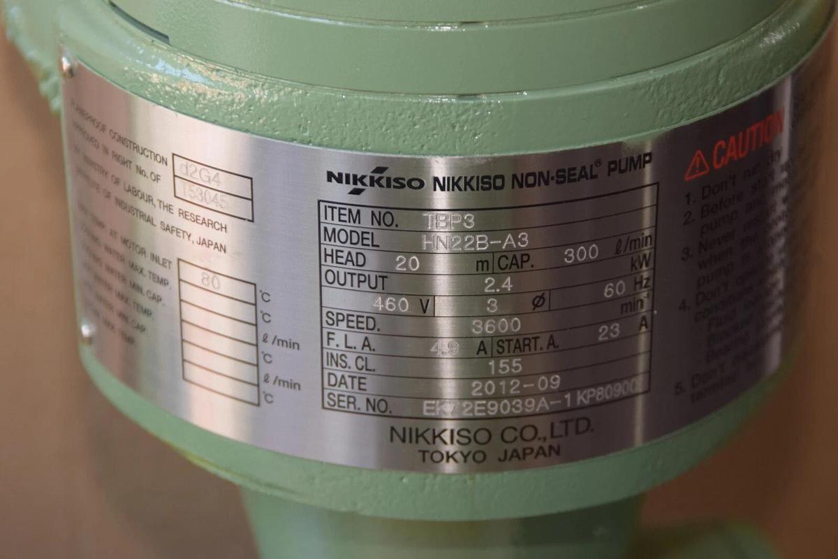 Nikkiso Non-Seal Pump TBP3 HN22B-A3 HN22BA3 Head: 20m 2.4kw 460v 300 L/min (NEW)