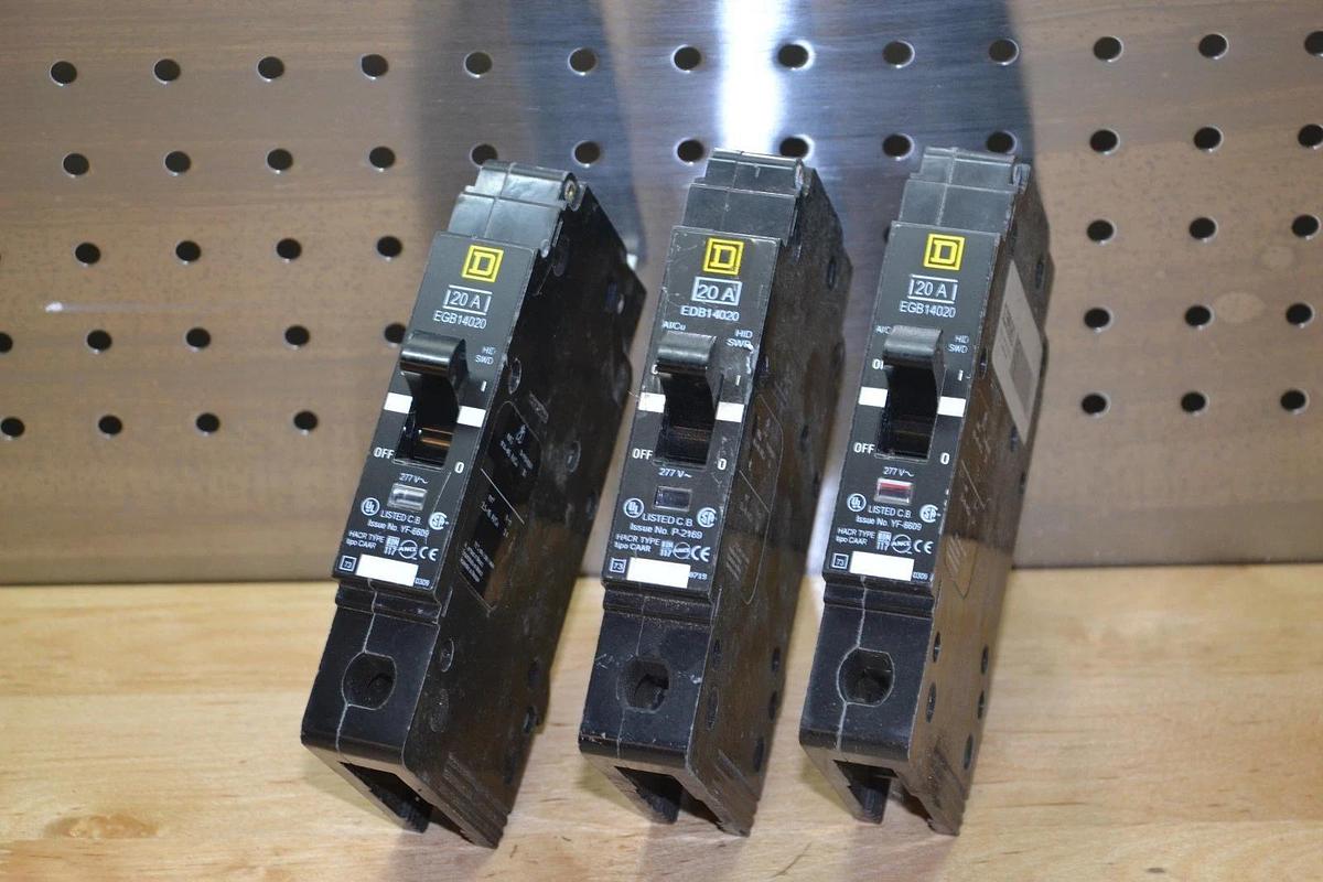 Used lot of 3   Square D EDB14020 Circuit Breaker 20amp 1 Pole 277volt 22 a 20a 20