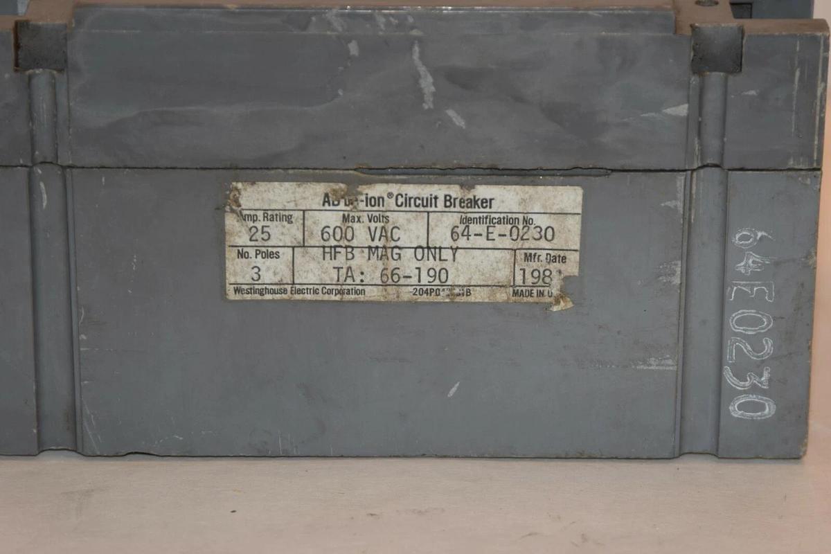 Used Westinghouse 204P042H01B 25A 25 Amp A 600V 60-E-0230 Circuit Breaker