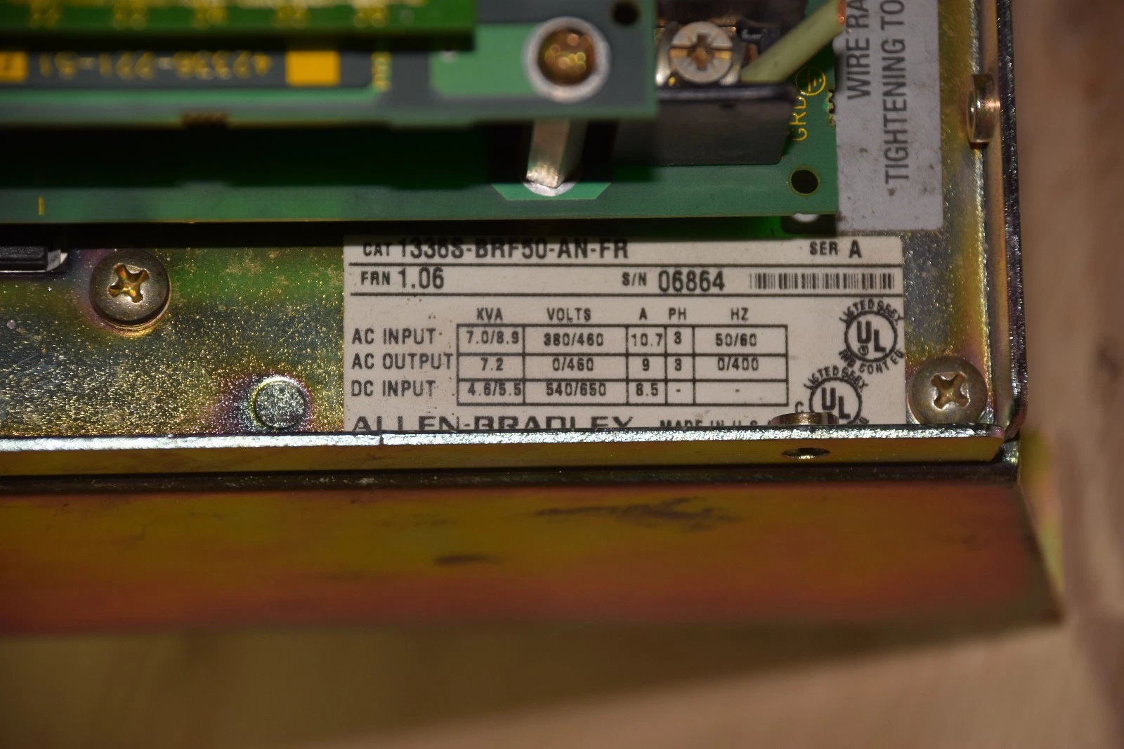 Used ALLEN-BRADLEY 1336S-BRF50-AN-FR Ser. A AC DRIVE 460VAC 5HP 7.2 KVA