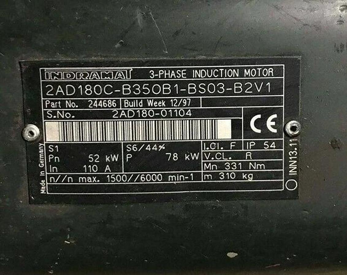 Used INDRAMAT BOSCH Induction Motor 2AD180C-B350B1-BS03-B2V1 - 52KW - 244686