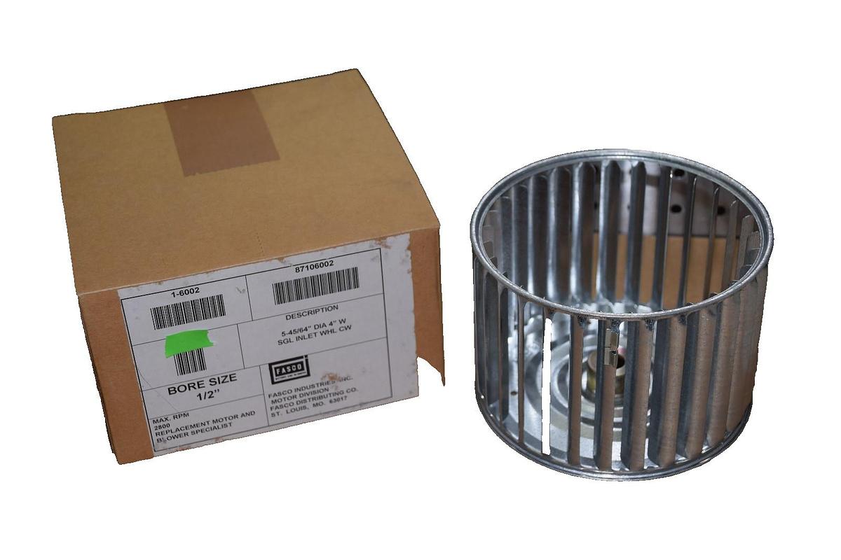 Fasco Galvanized Blower Wheel 1-6002 87106002 5-45/64" x 4" w 1/2" Bore NEW