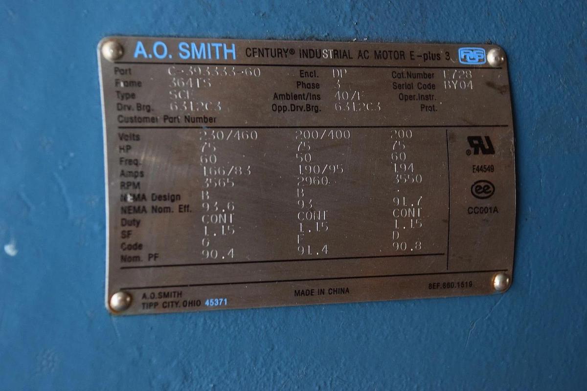 NEW AO Smith Motor, 75 HP,C-393333-60, 3565 RPM, 3 Phase, 364TS Frame SCE, E728
