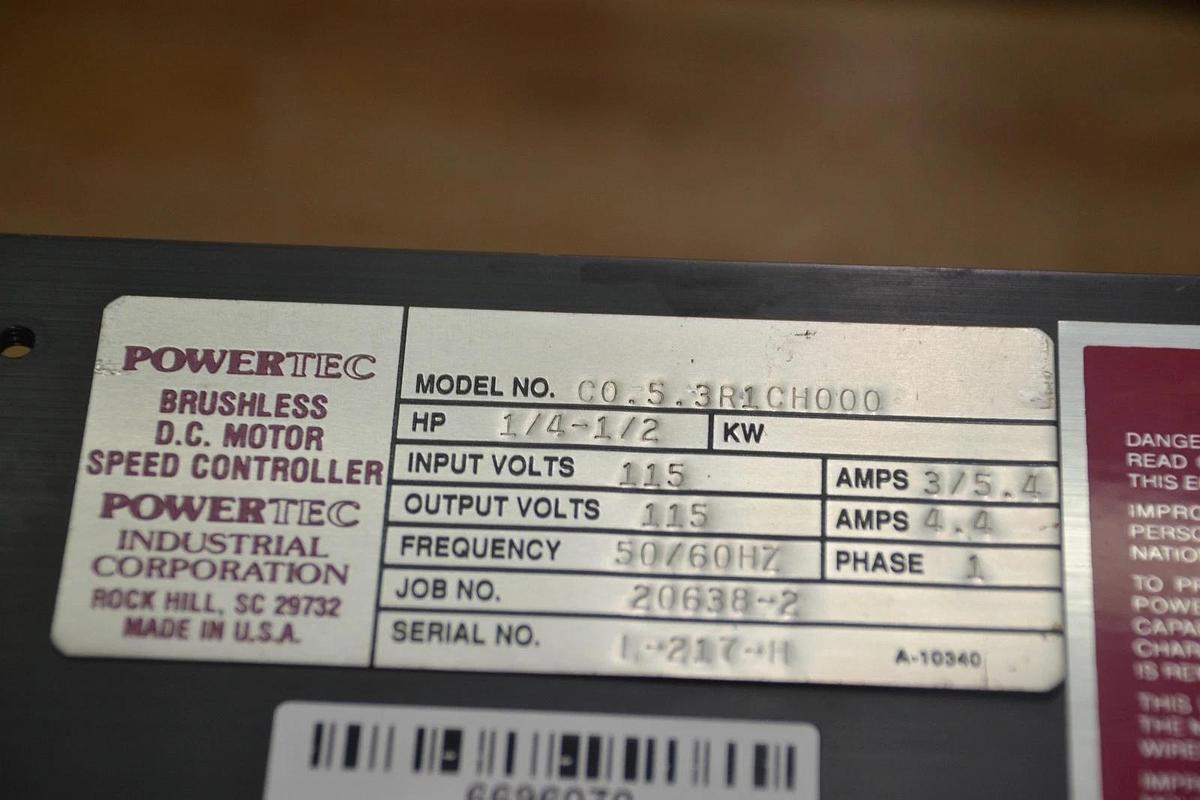 Used POWERTEC C0.5.3R1CH000 C0 5 3R1CH000 1/2HP BRUSHLESS DC MOTOR SPEED CONTROLLER