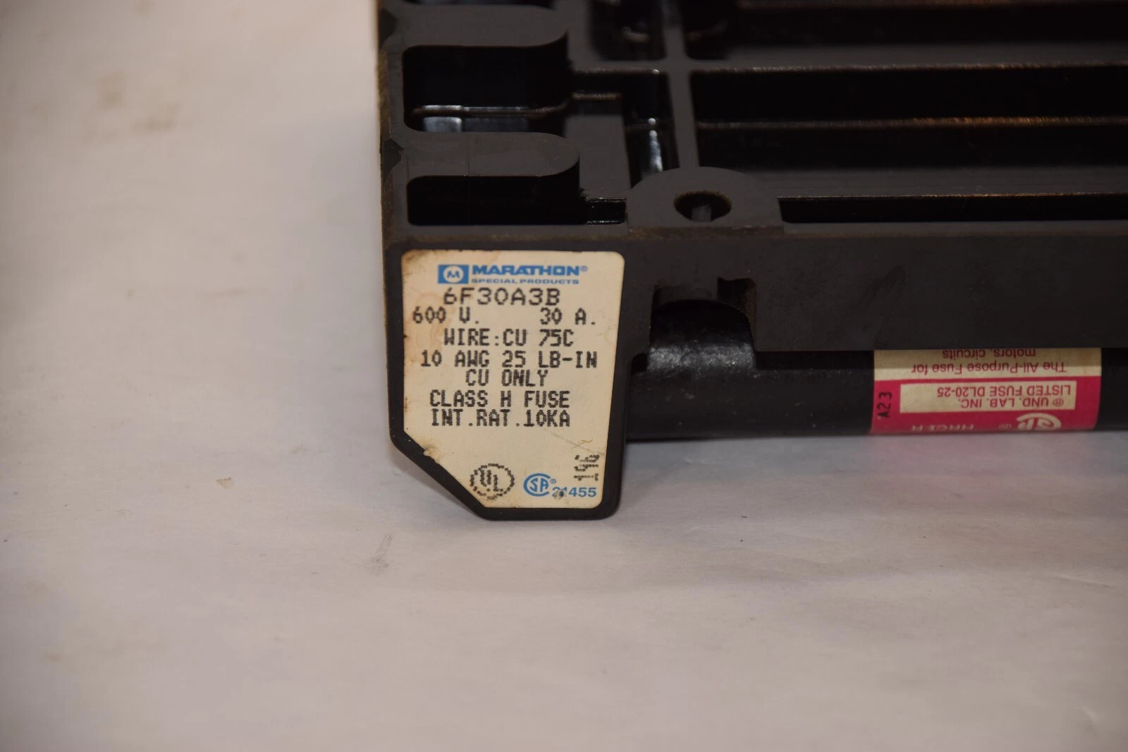 Used (Lot 2) MARATHON 6F30A3B 600V 30A Fuse Holder With Fusetron FRS-R-1-6/10 Fuse