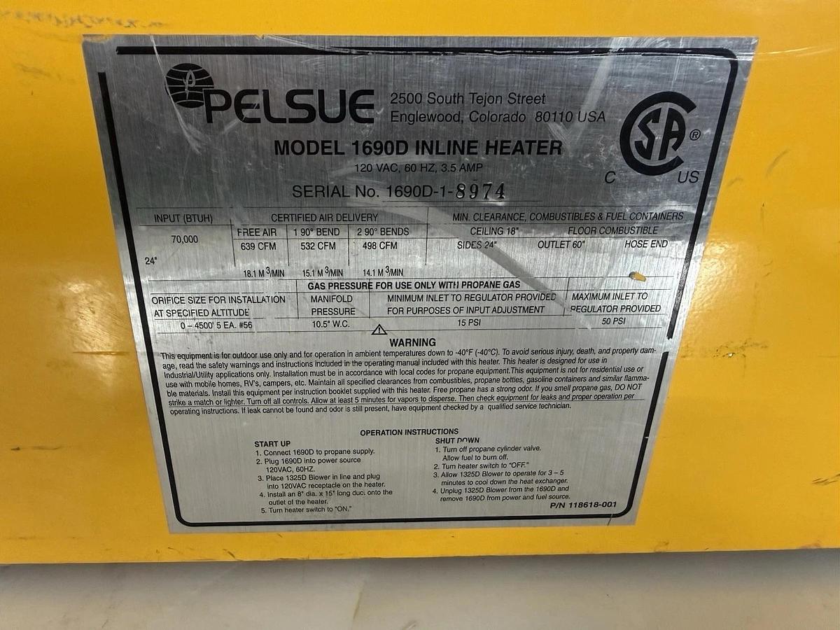 Used PELSUE Inline Confined Space Heater for Axial Blower 1690D - USED