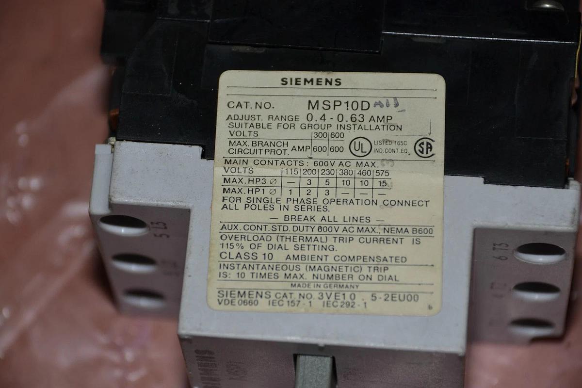 Used SIEMENS STARTER MSP10D 0.4-0.63A 0.4-0.63 A AMPS 600V 600 V MSP10D