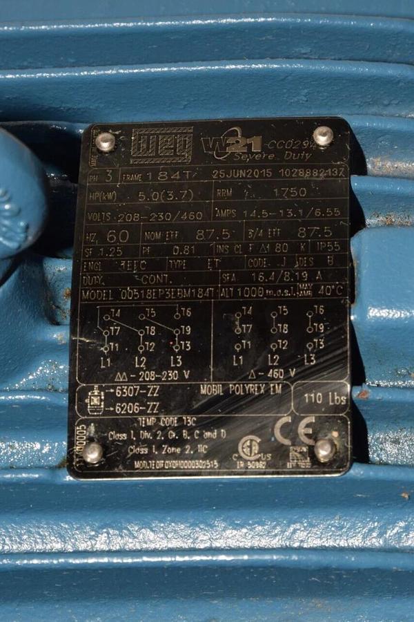 Used WEG Motor 00518EP3EBM184T 5hp 1750rpm 3Ph 208-230/460V w ITORQ Brake BFA458-14N