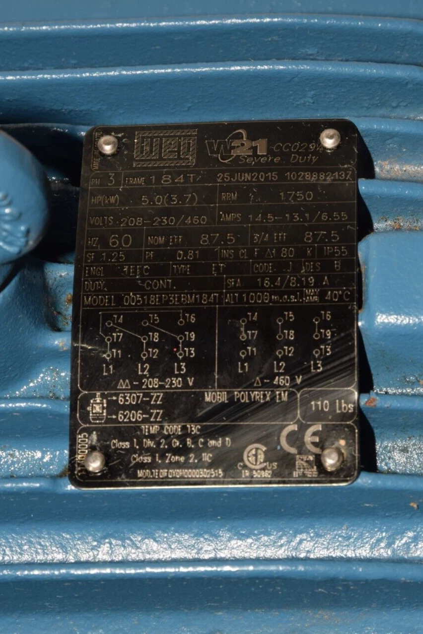 Used WEG Motor 00518EP3EBM184T 5hp 1750rpm 3Ph 208-230/460V w ITORQ Brake BFA458-14N