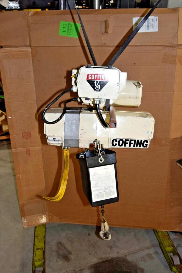 Used Coffing 1/4 Ton Electric Chain Hoist EC05163 15' Lift 230/460v 3ph w/ Trolley