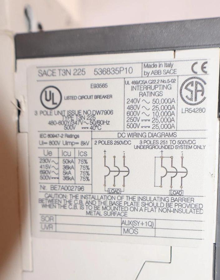 Used ABB SACE T3N 225 T3N225 225A 225 Amp 3P SACE Tmax Circuit Breaker