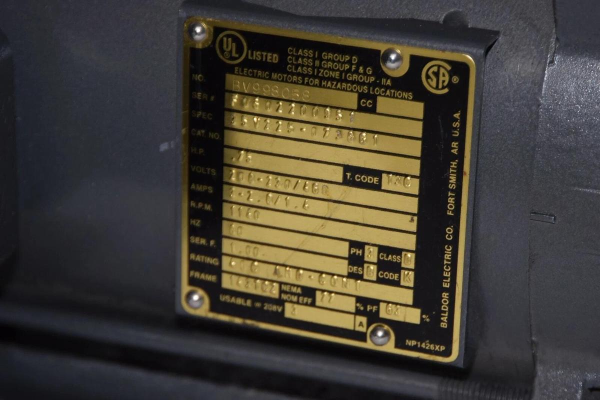 Used BALDOR Hazardous Location Electric Motor .75hp 3/4hp BV998058 208-230/460v NEW