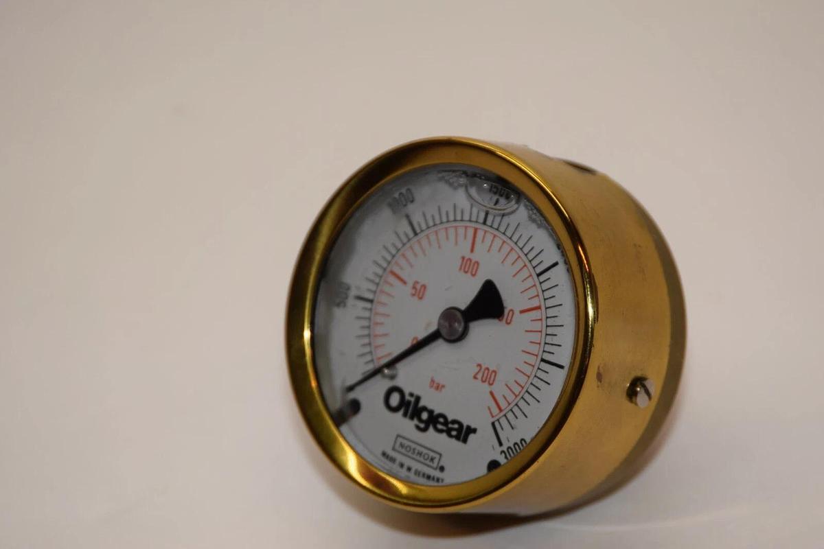 (NEW) NOSHOK / OILGEAR 0-3000psi 0-200 Bar 1/4" NPT Brass Back Mount Gauge
