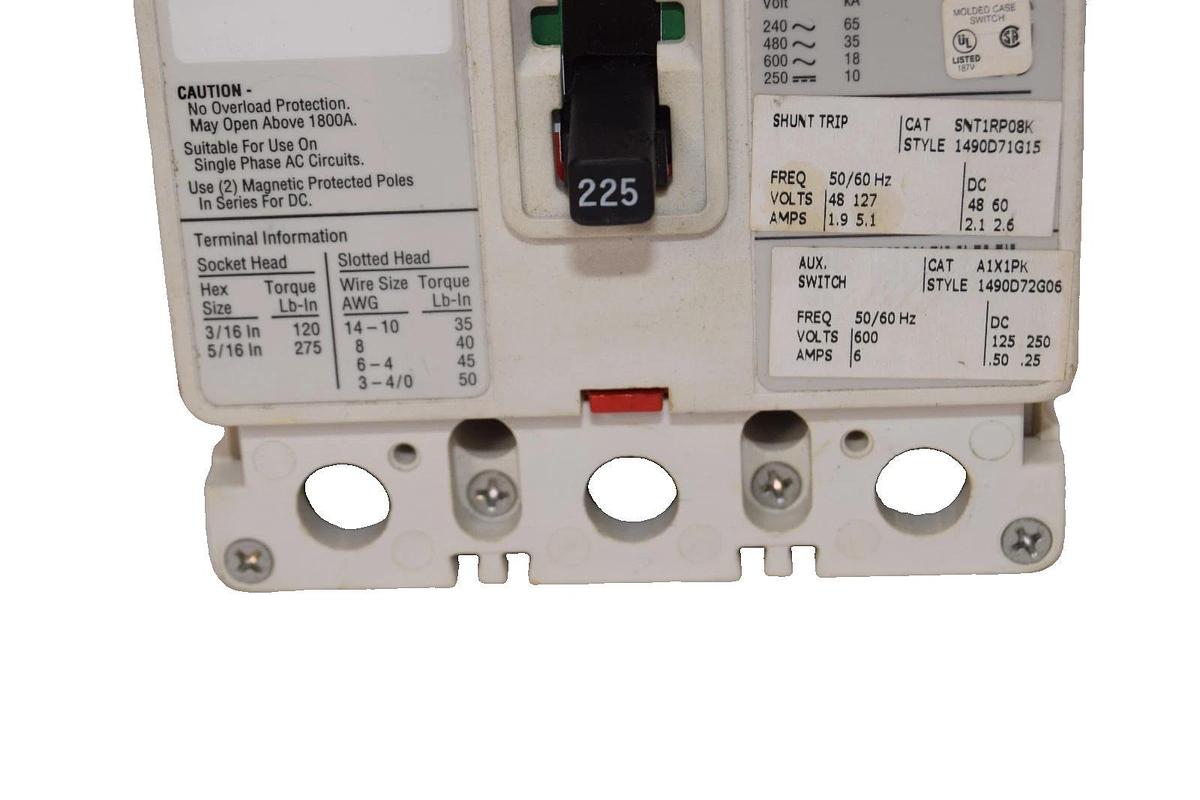 Used Eaton FD3225K Circuit Breaker 225A 225 Amp 3P 600V FD-K w/ shunt trip SNT1RP08K
