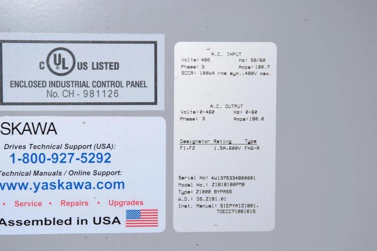Used Yaskawa AC Drive Z1B1B180PMB Z1000 Bypass Inverter 3ph 480v in 0-460v 180a out