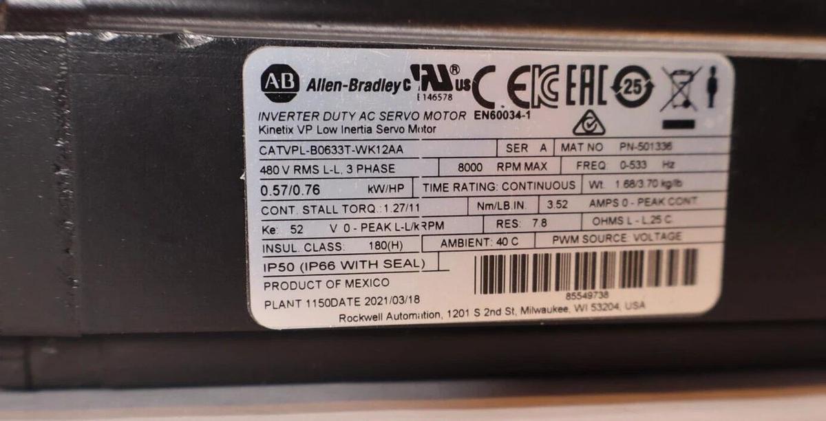 Used ALLEN BRADLEY CATVPL-B0633T-WK12AA Motor , Gear Head SG-80910-18-05426-D