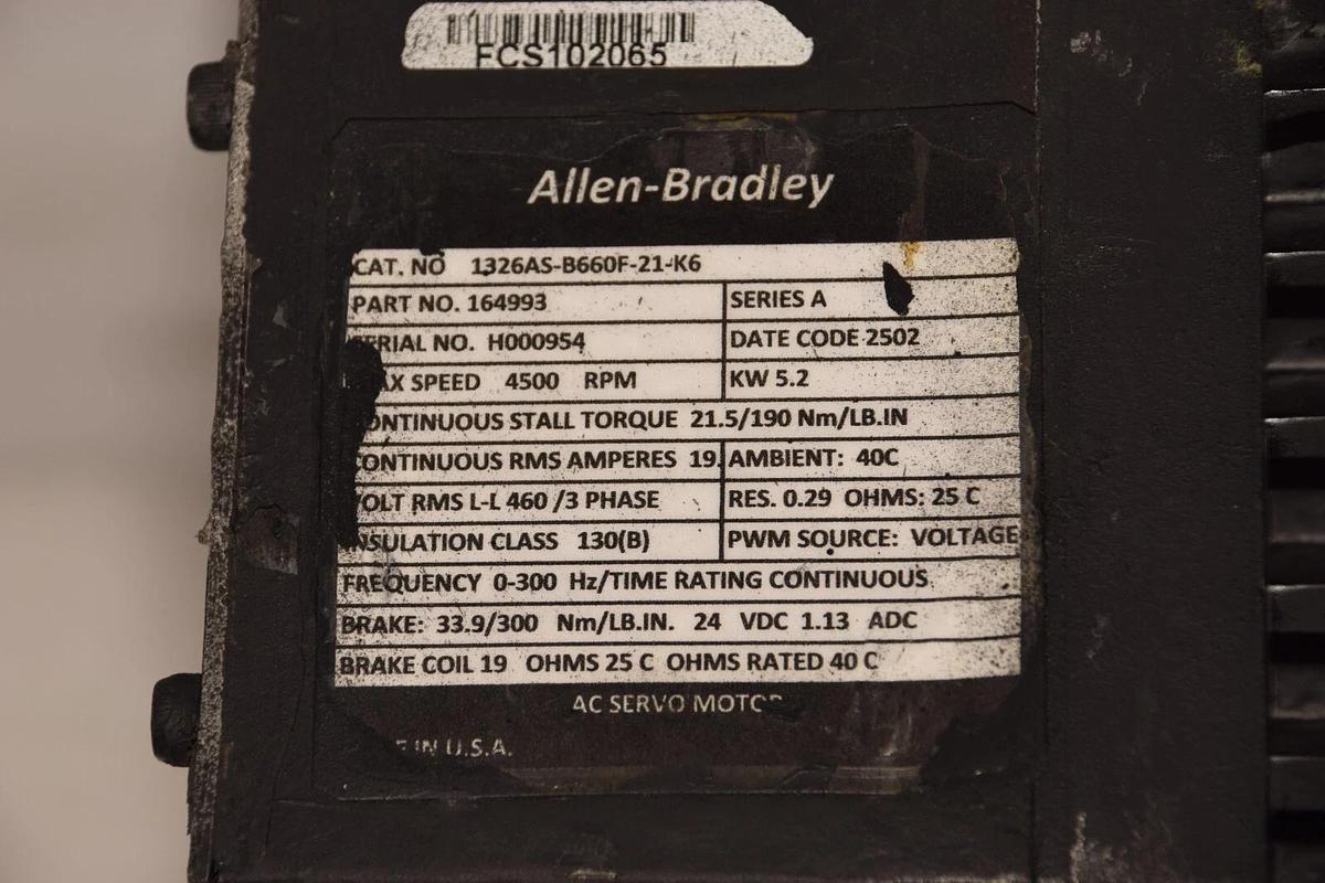 Used ALLEN BRADLEY 1326AS-B660F-21-K6 Series A  Brushless Servo Motor