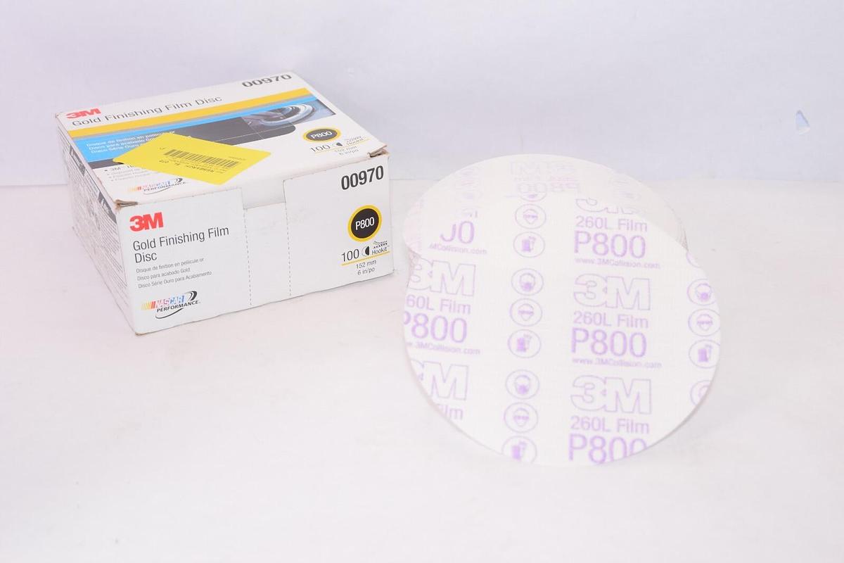 (NEW - Box of 100) 3M P800 00970 6" Hookit Attachment Gold Finishing Film Disc