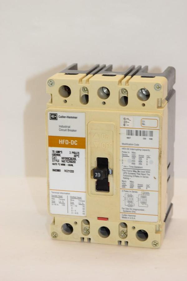 Used CUTLER HAMMER HFDDC3070L 70A 70 Amp 3P 600Vdc Industrial Circuit Breaker