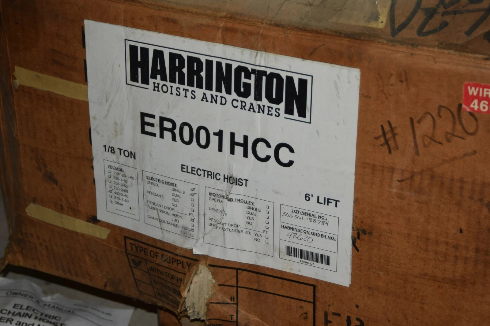 Harrington 1/8 Ton Electric Hoist 1/8T ER001HCC 6' Lift single speed (NEW)