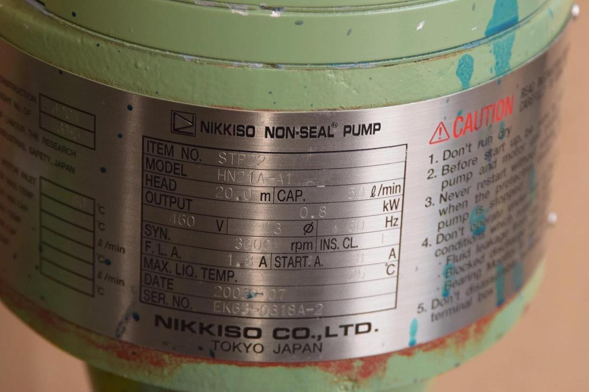 Used Nikkiso Non-Seal Pump Canned Motor HN21A-A1 HN21AA1 Head: 20m .8kw 440v 50 L/min